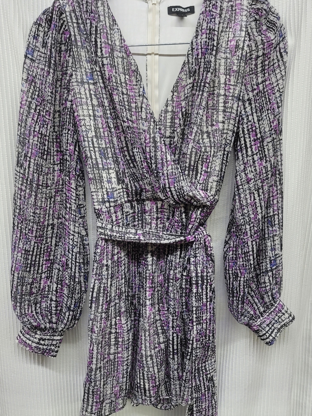 Express Black, White & Purple Abstract Wrap Dress